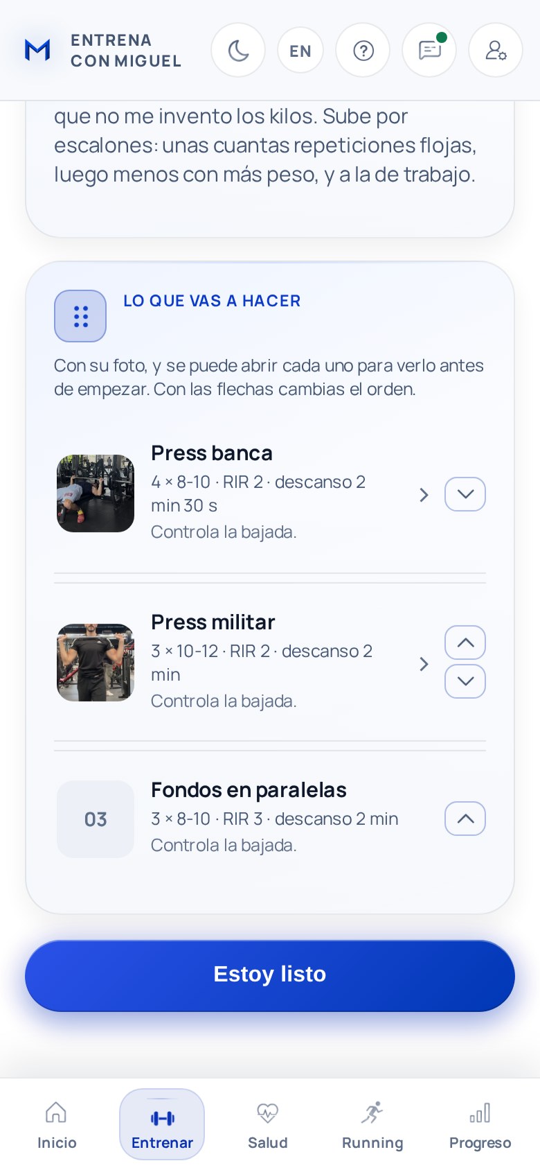 El entreno del día en la app en modo claro, con la foto de cada ejercicio