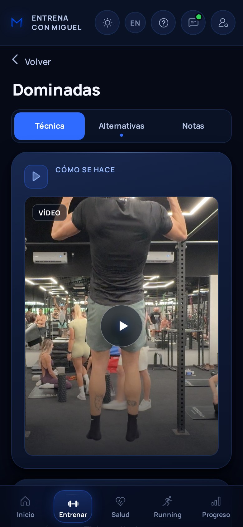 La ficha de un ejercicio en la app, con su vídeo, sus alternativas y tus notas