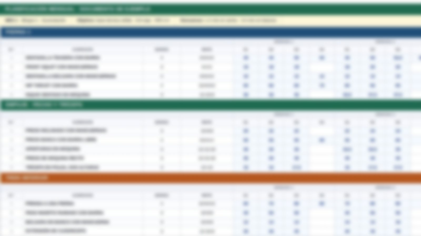 El mes entero en Excel, con un bloque por grupo y los kilos de cada serie semana a semana
