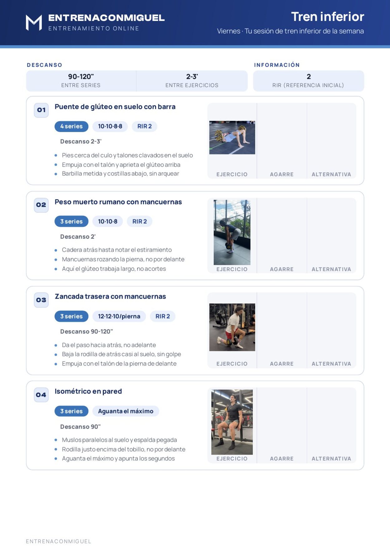 Hoja de un día de entrenamiento de tren inferior, con series, repeticiones, RIR y descansos